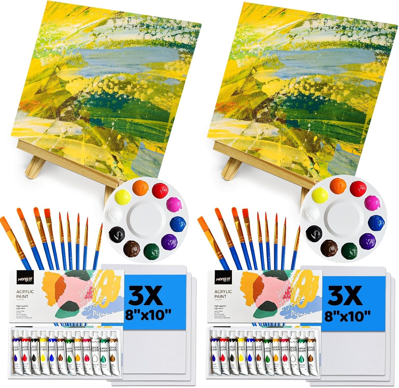 Acrylic Paint Canvas Set, Acrylic Painting Kit with 2 Pack of 12 Colors Acrylic Paint, 2 Sets of Wooden Easels, 6 Canvas, 20 Brushes & 2 Palettes, Art Painting Supplies Valentines Day Gift